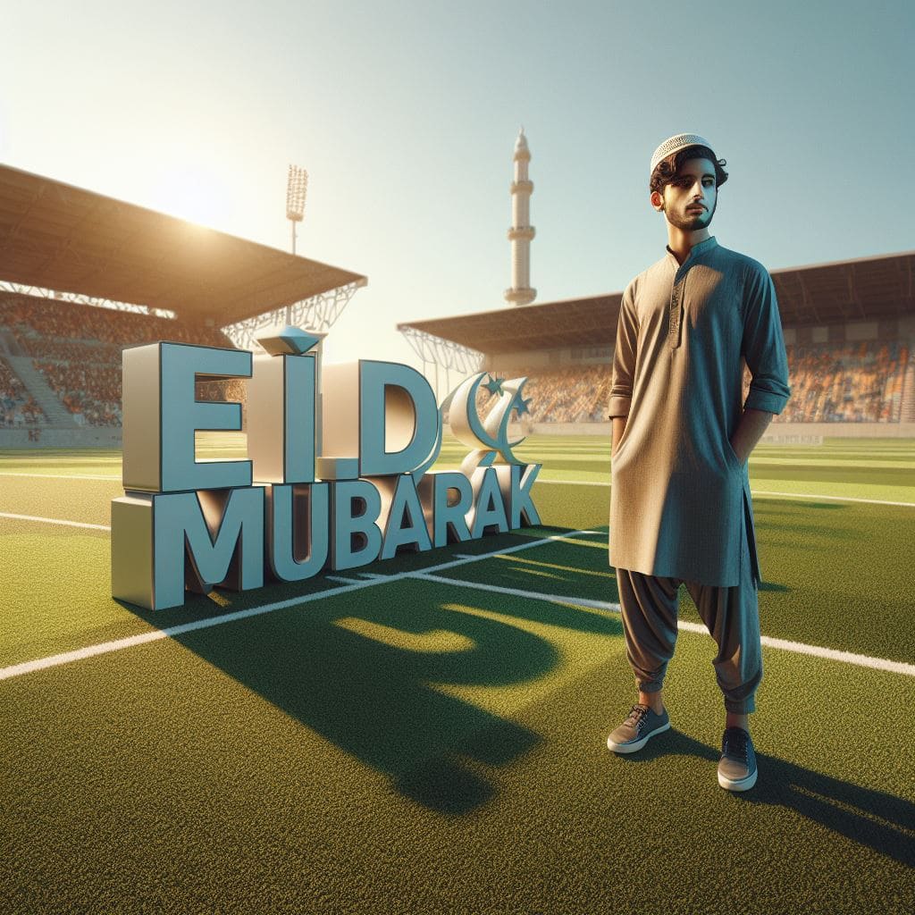 A Muslim boy is standing beside a 3D text "Eid Mubarak"