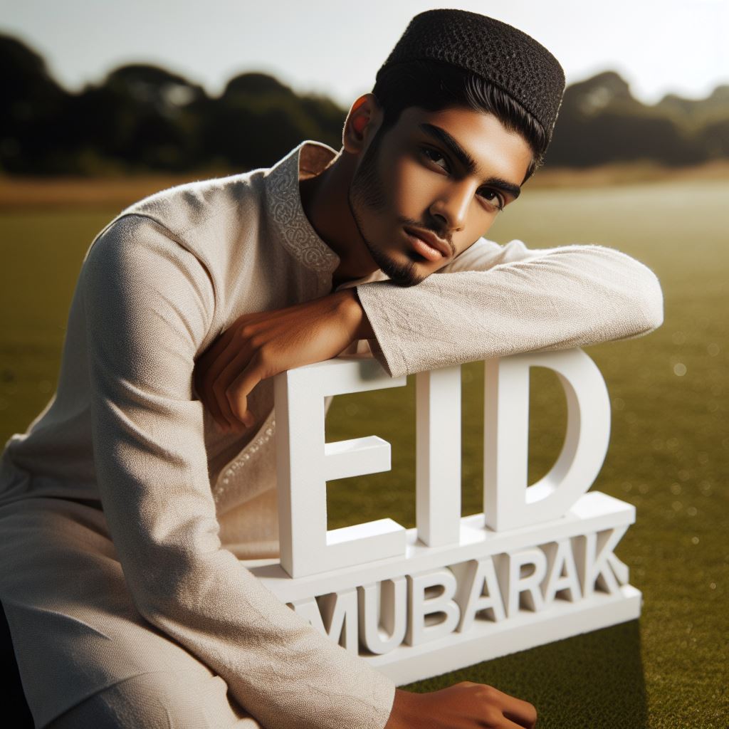 A muslim boy is leaning on a 3d text "Eid Mubarak"