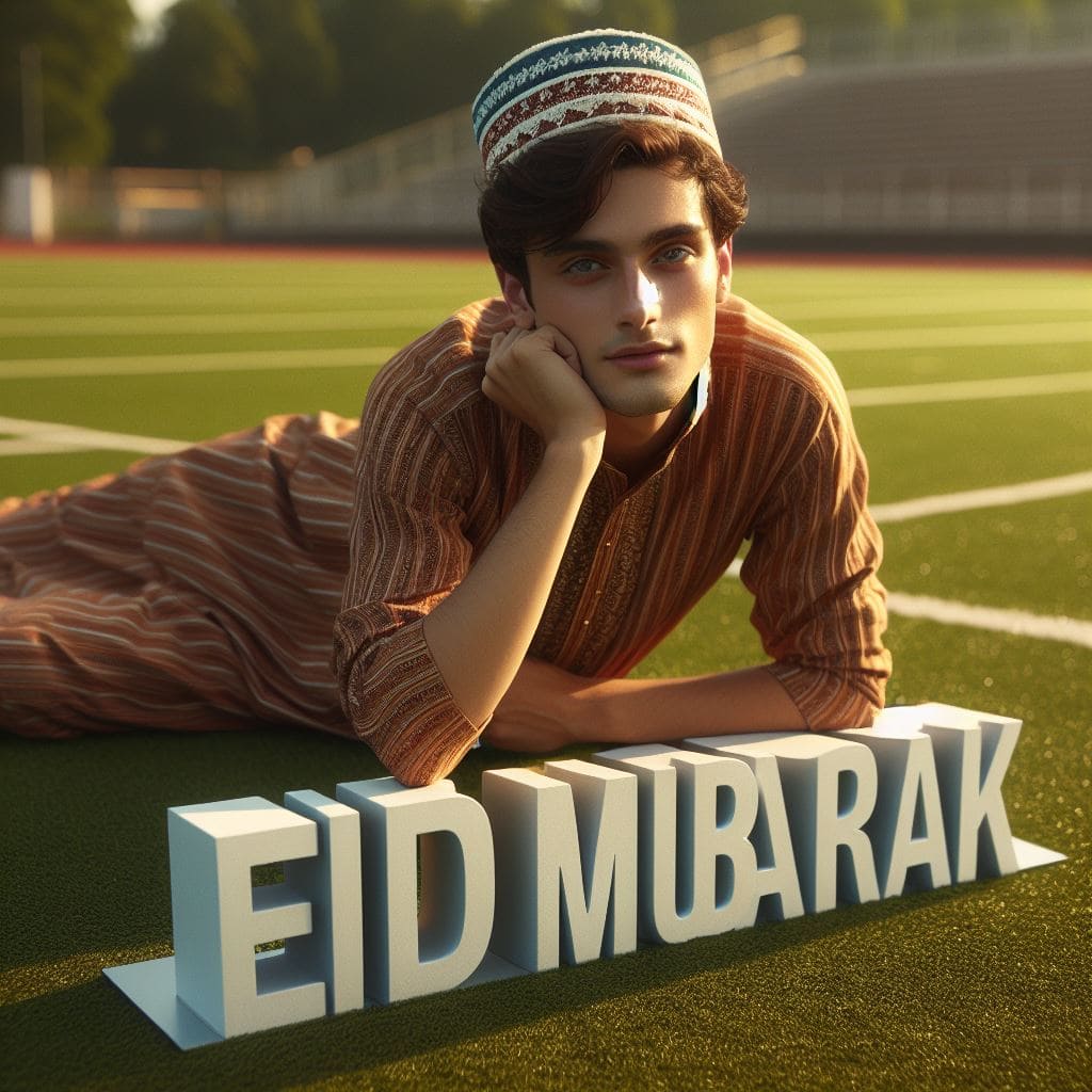 A muslim boy is leaning on a 3d text "Eid Mubarak"