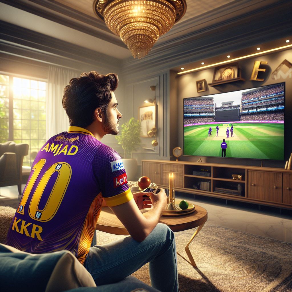 An IPL lover boy watching IPL on TV wearing KKR jersey. Jersey number is 10, AI image