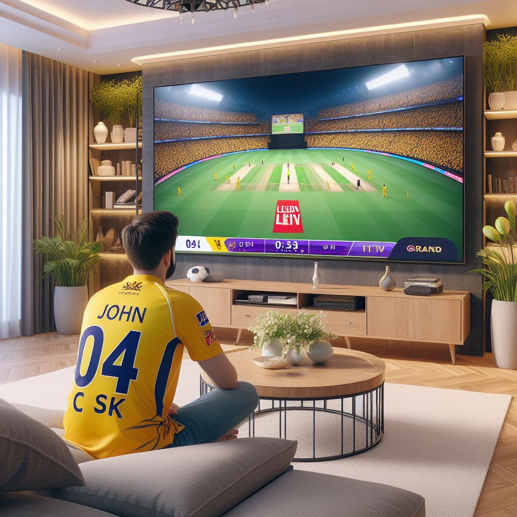 A IPL lover watching IPL on TV wearing CSK jersey. Jersey number is 04, AI image