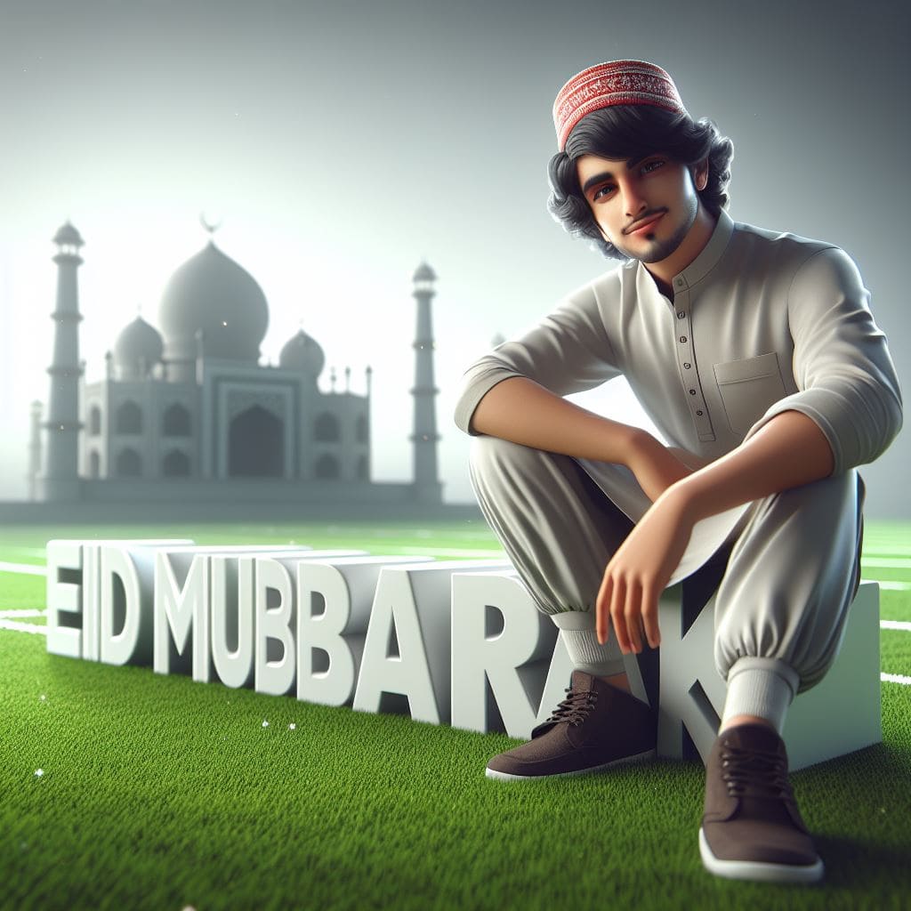 A Muslim boy is sitting on a 3D text "Eid Mubarak"