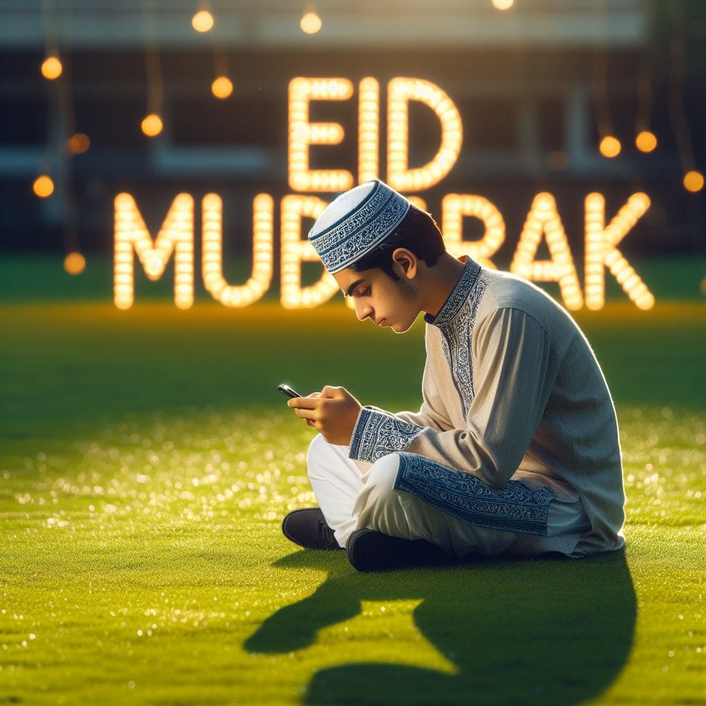 A boy is clebrating Eid, a big 3d text Eid Mubarak on the background
