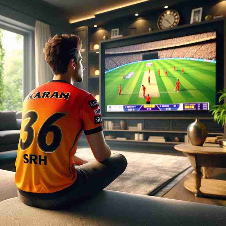21 years IPL lover watching an IPL match on TV wearing a SRH jersey. Jersey number is 36,Ai IPL image with name