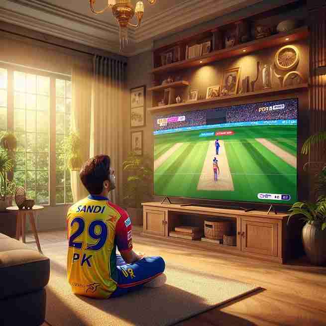 20 year IPL lover watching an IPL match on TV wearing a PK jersey. Jersey number is 29. Cinematic room