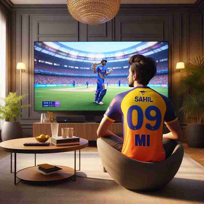 21 year old IPL lover watching an IPL match on TV wearing a Mumbai Indians jersey. Jersey number is 09