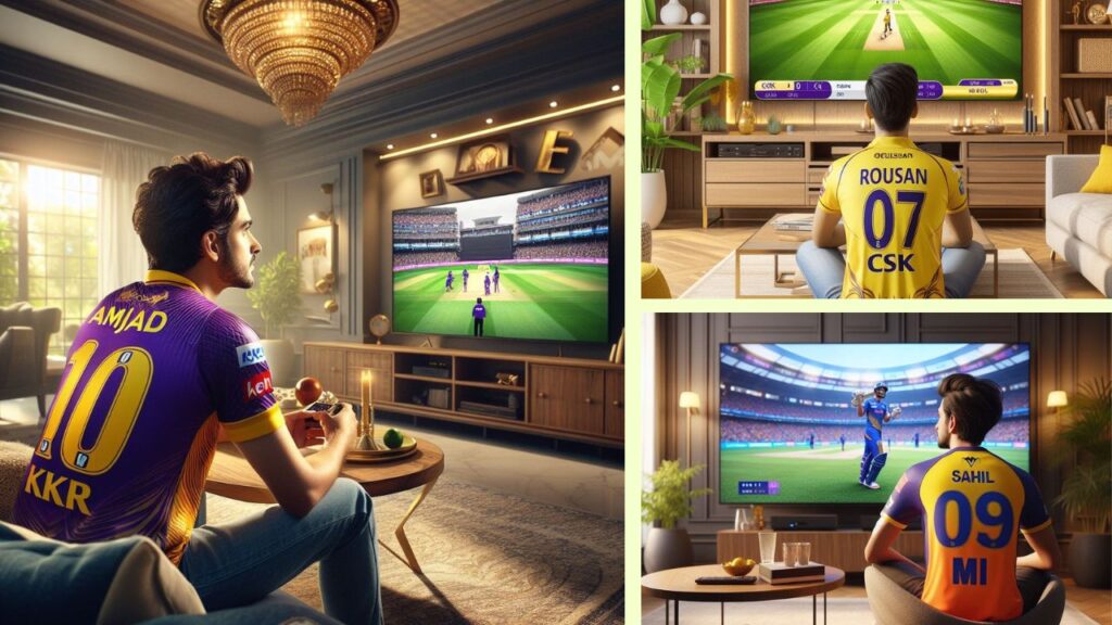 A combination of 3 AI IPL images with names which describe a boy watching an IPL match on a TV wearing a jersey with a number and name