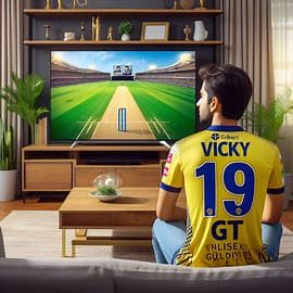 An IPL lover watching IPL before a TV wearing a GT jersey. Jersey number is 19, Whole images describes an IPL match