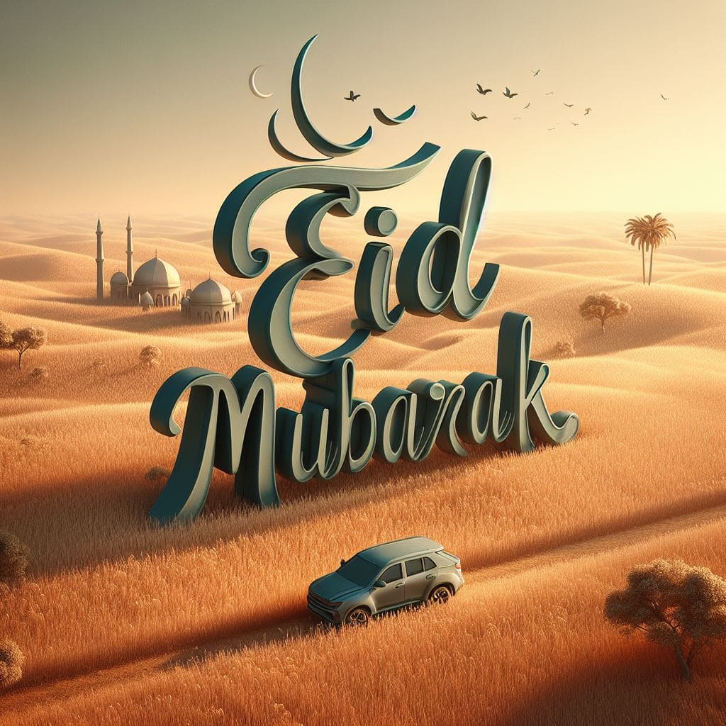 3D big text "Eid Mubarak" on a field