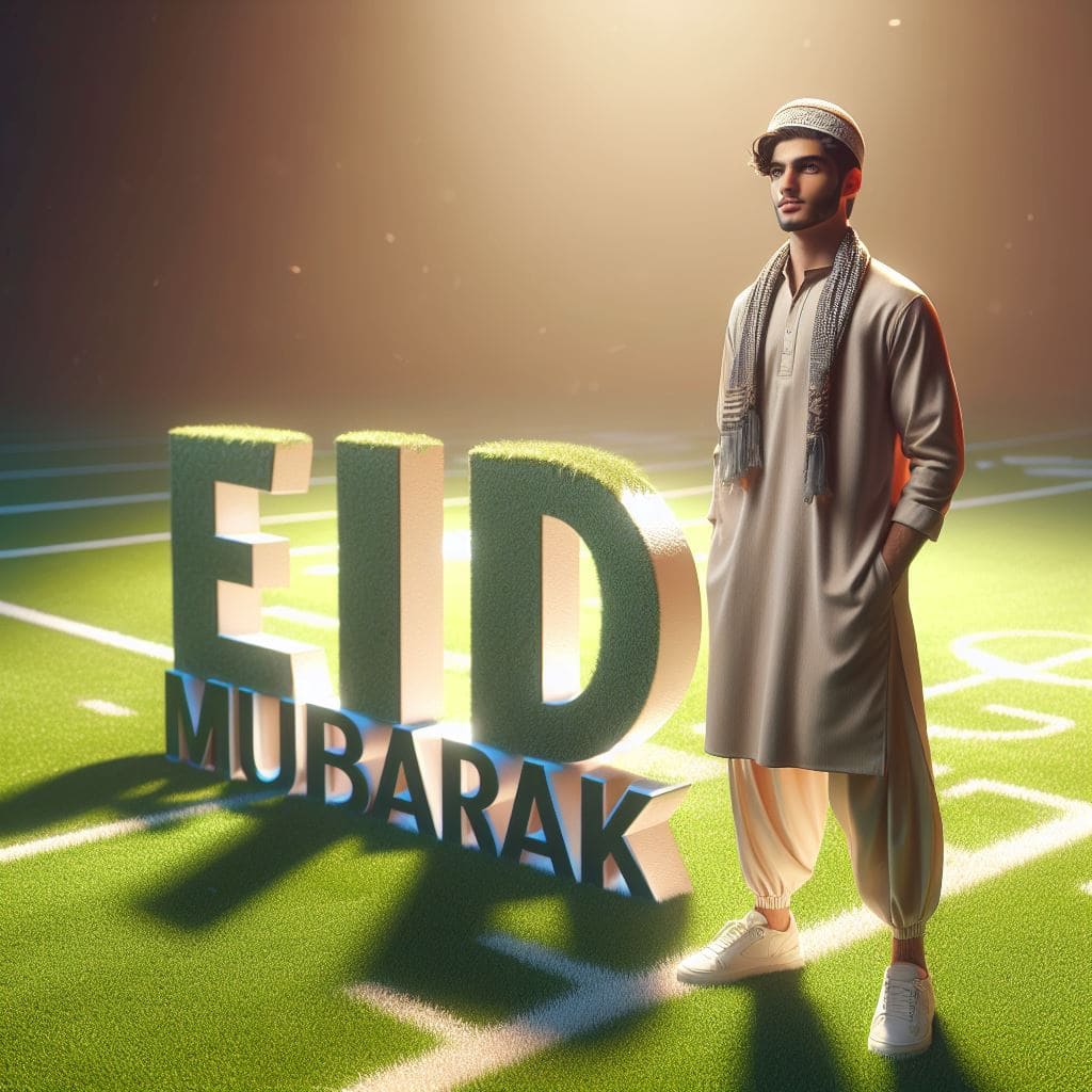 A Muslim boy is standing beside a 3D text "Eid Mubarak"