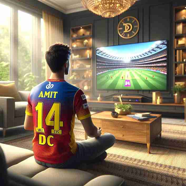 An IPL lover watching an IPL match before a TV wearing a DC jersey. Jersey number is 14, Whole image describes an IPL vibe