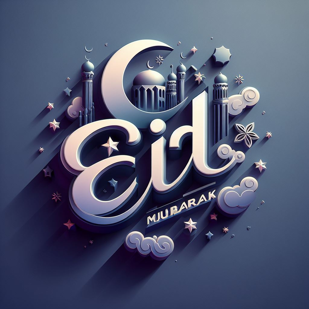 3D big text "Eid Mubarak" on a plain background