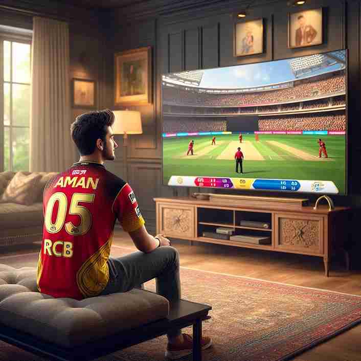 An IPL lover watching IPL on a TV wearing a RCB jersey. Jersey number is 05, images describes an IPL match