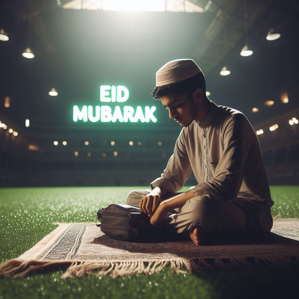 A boy is clebrating Eid, a big 3d neon text Eid Mubarak on the background